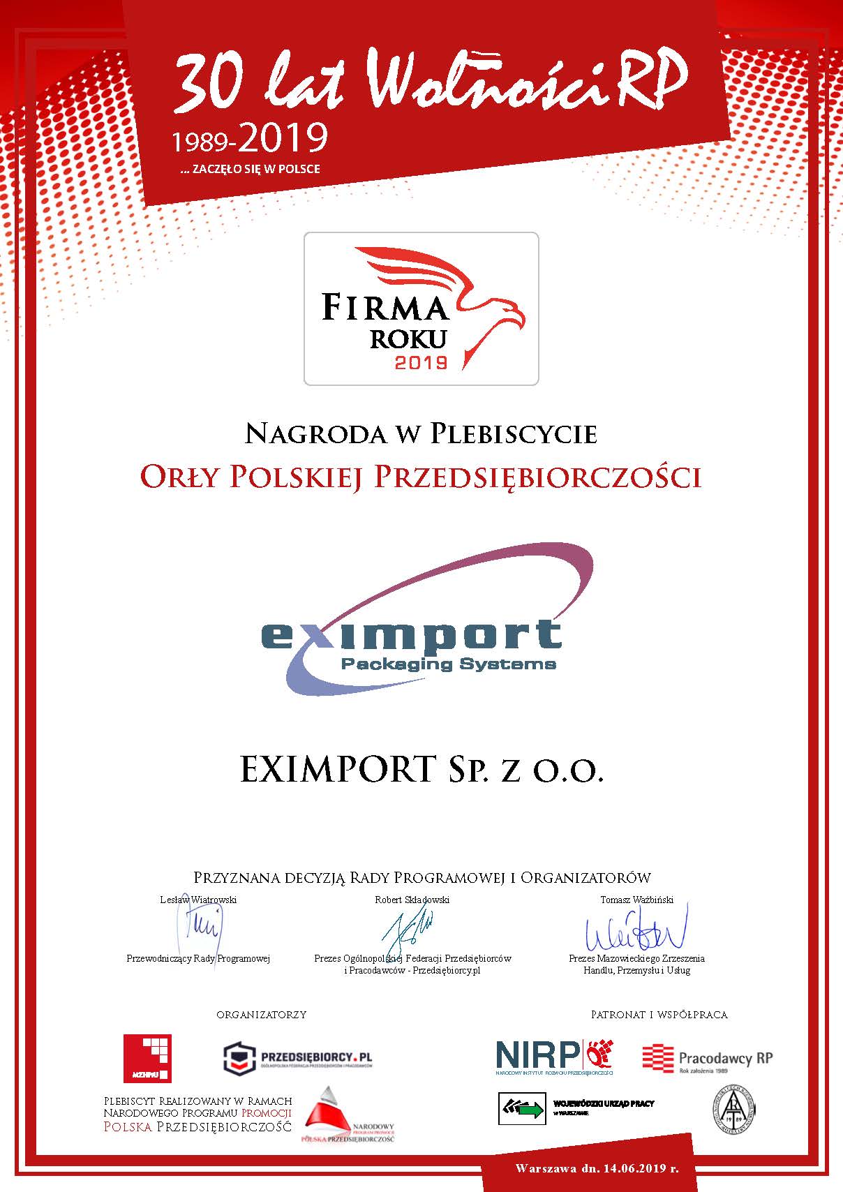 Nagroda w Plebiscycie Orły Polskiej Przedsiębiorczości Dla Eximport SP.Z.O.O. Eximport